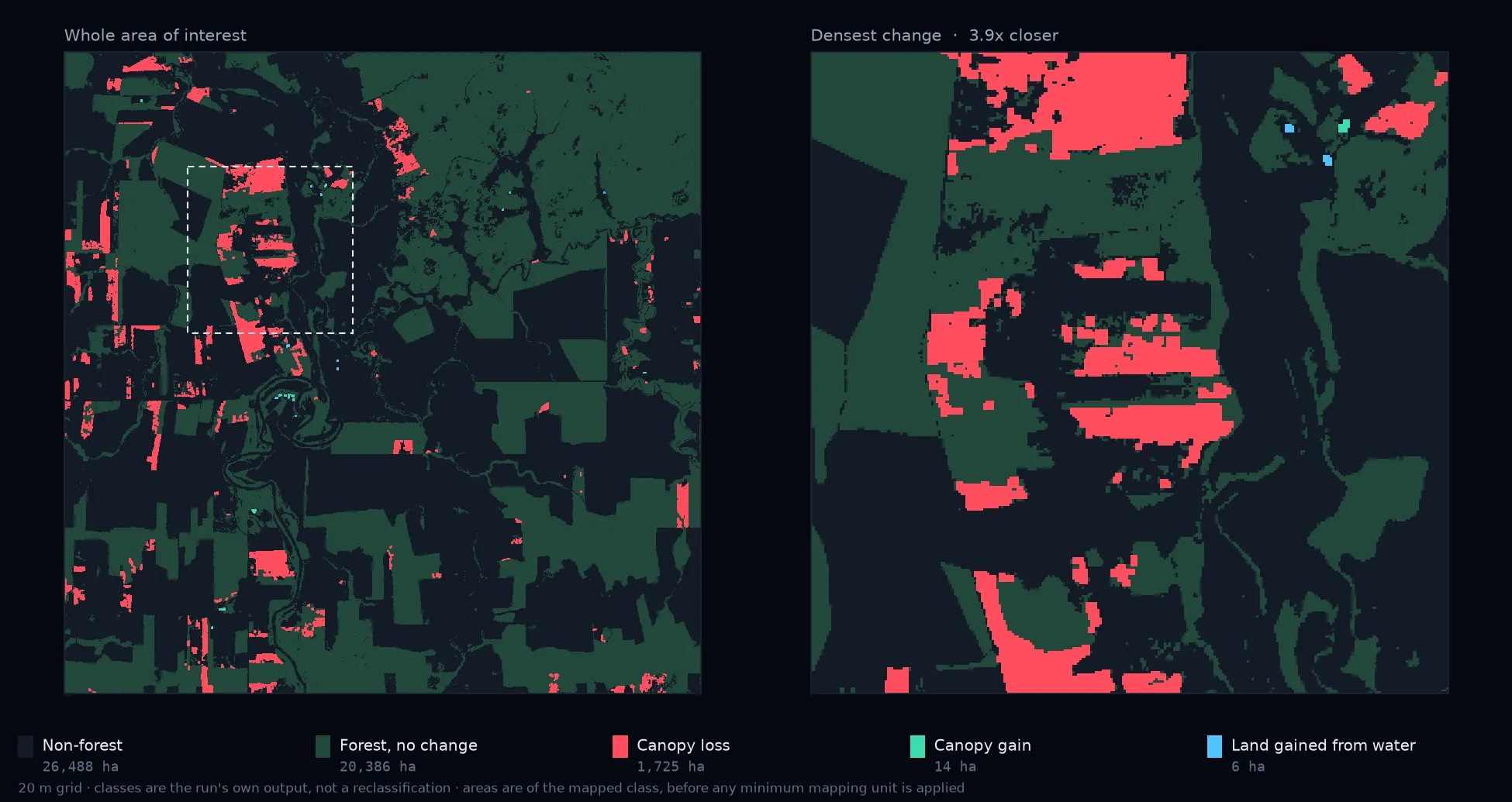 The same six classes as Case 01. Clearance here has geometry — rectangles cut back from access roads — which is what separates real felling from index noise.